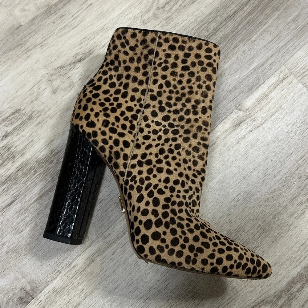 Michael Kors Leopard Calf Hair Embossed Leather Gold Zip Chunky Heel Ankle Boots